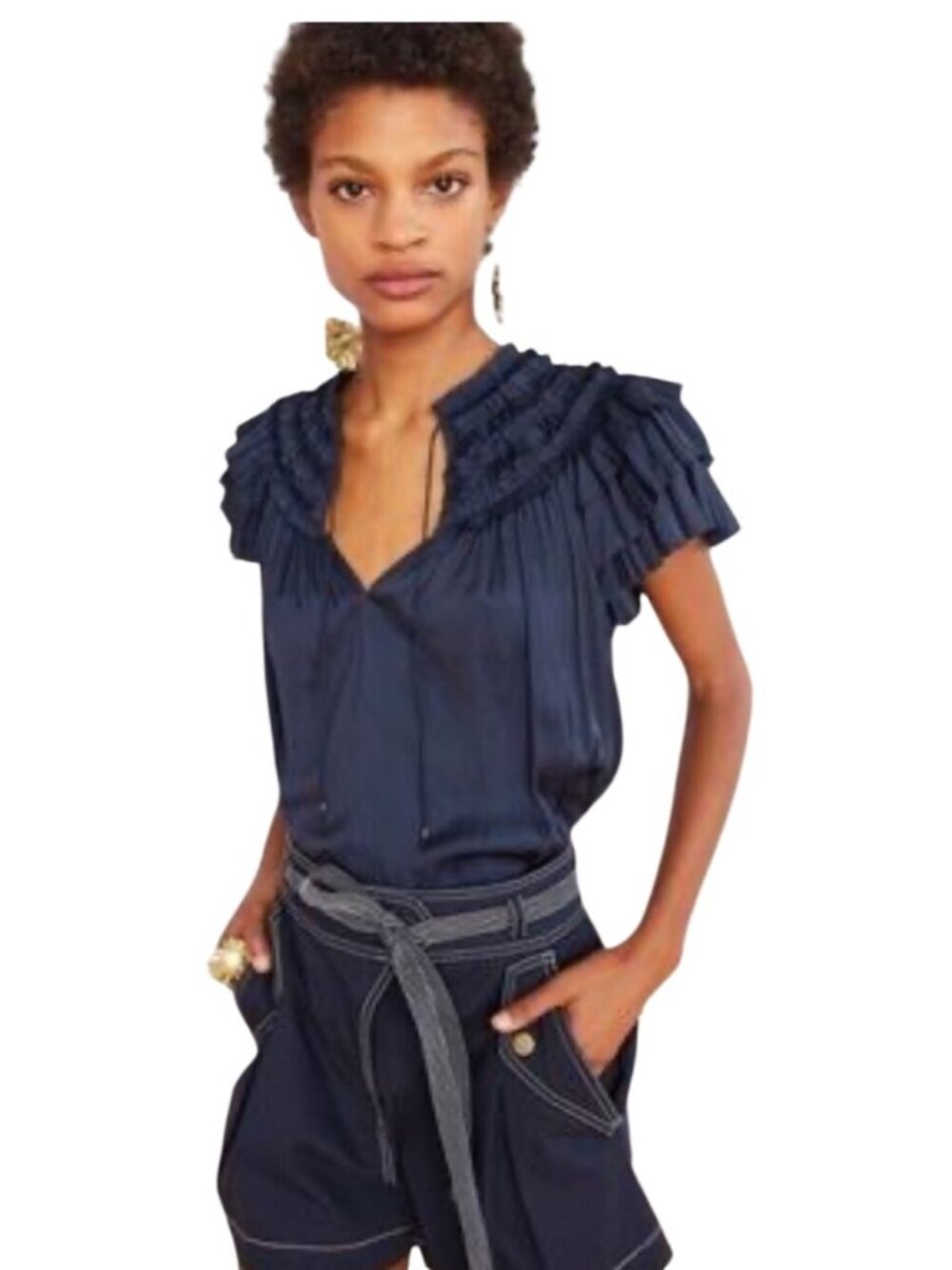 Elie Tahari Navy Ruffled Blouse top With Tie Neck Womens Size M flirty feminine